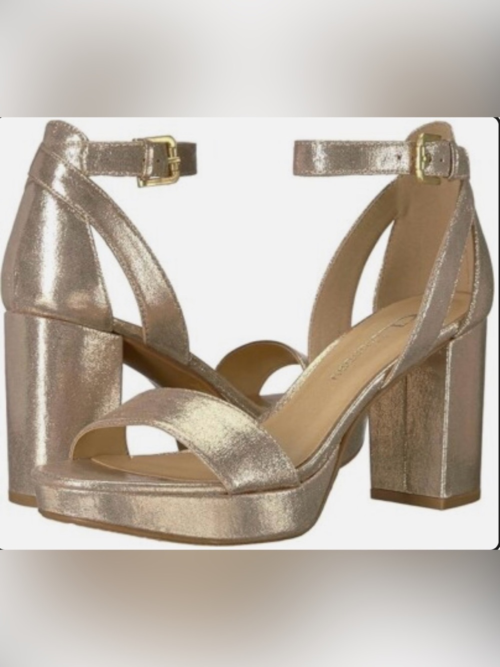 Metallic Rose Gold Block Heel Sandals with Ankle Strap